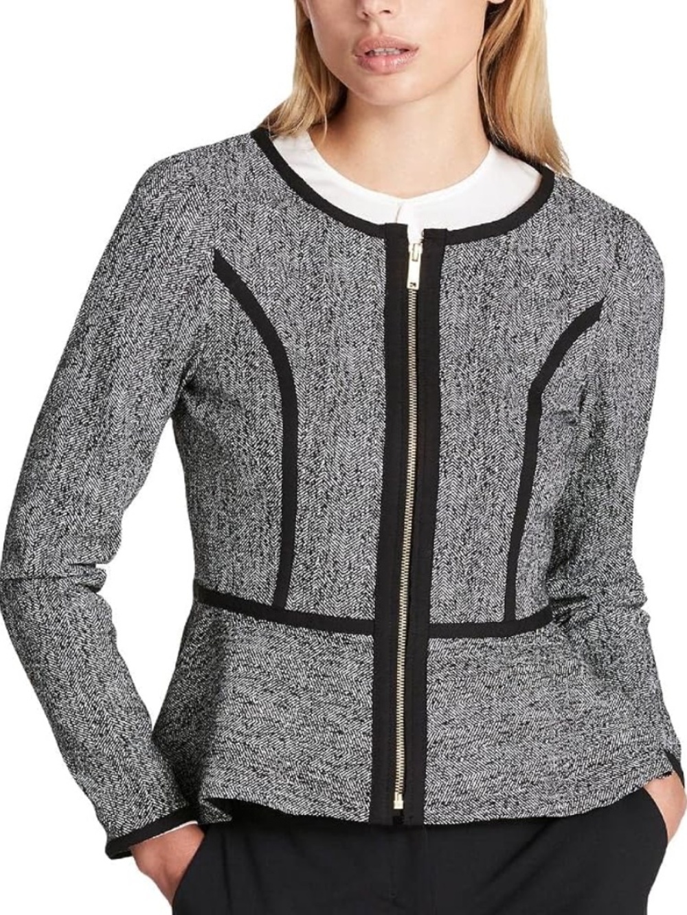 DKNY Black Gray Herringbone Zip Front Peplum Jacket Blazer Women's Size 10